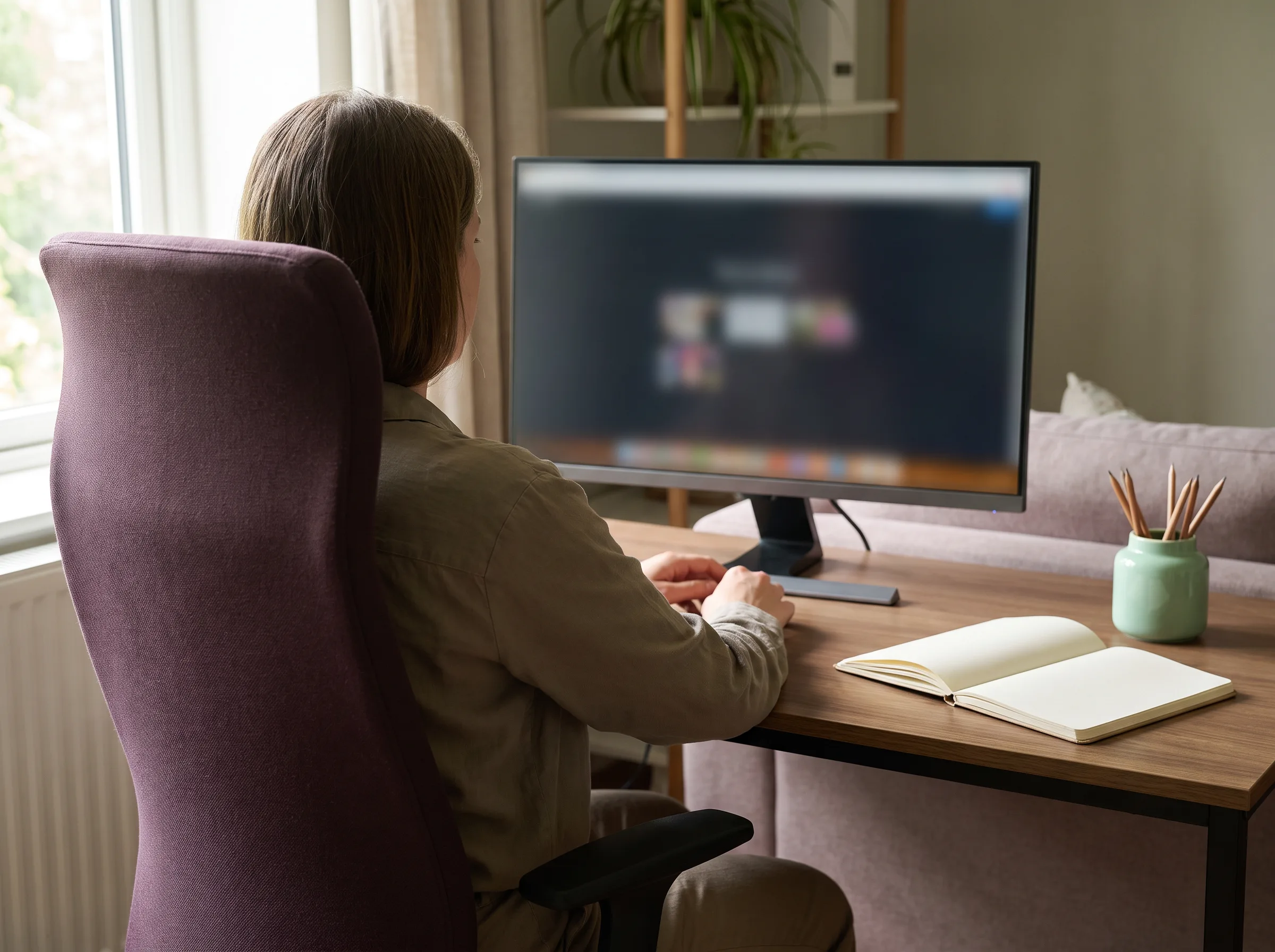 Two people talking at a table with a laptop